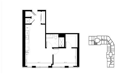 Floor plan for 1 bed, 1 bath, 740 sqft